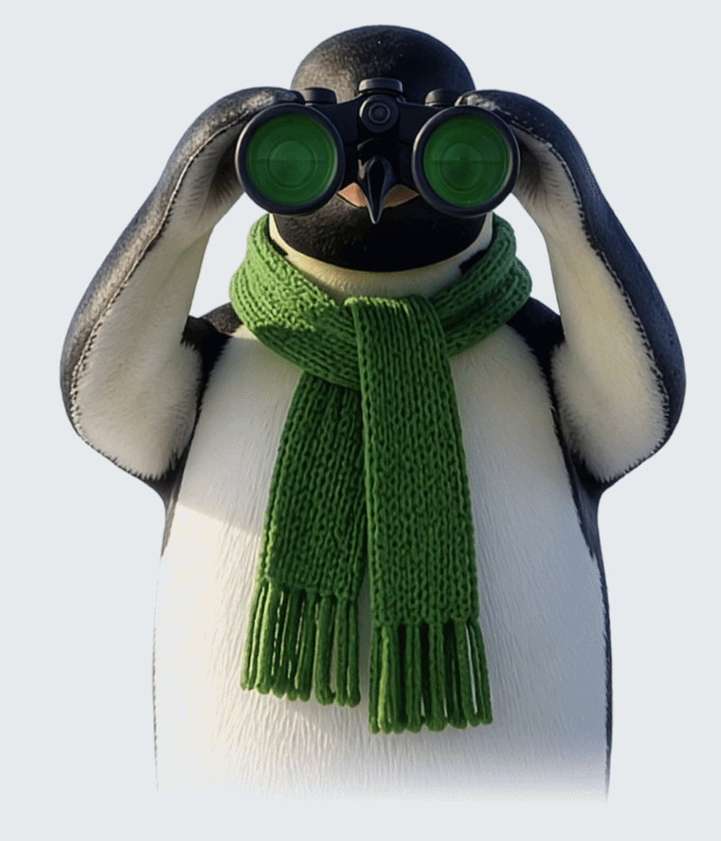 Penguin wearing a green scarf looks through binoculars, facing forward