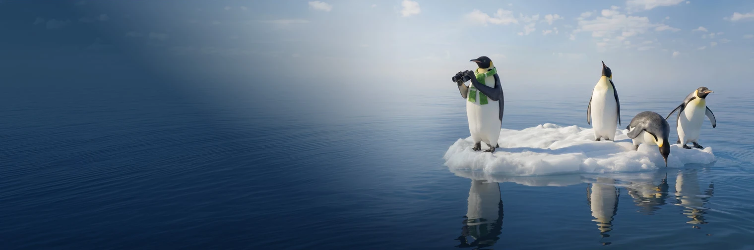 Group of four penguins on a small iceberg in the calm blue ocean; one wears a green scarf and binoculars to look around.